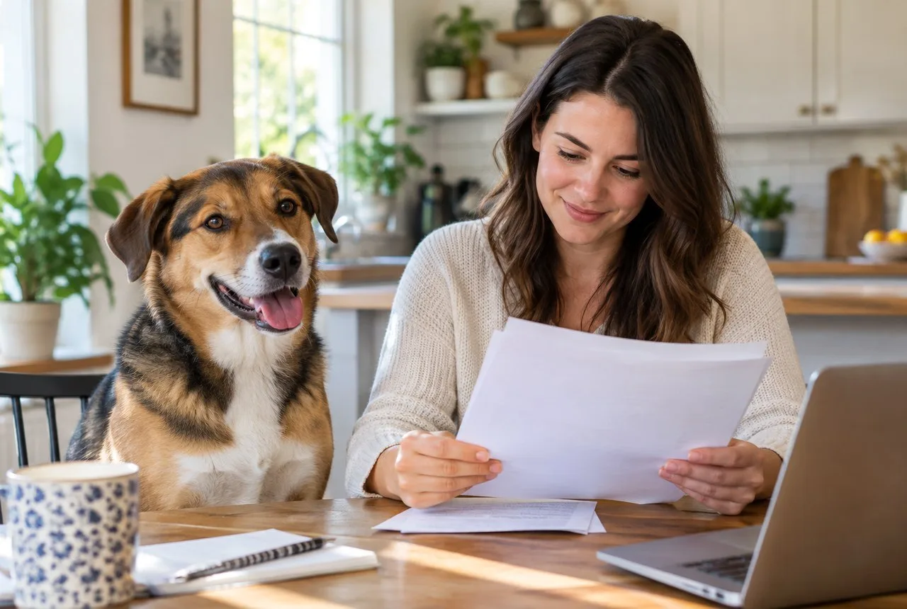 Owner reviewing insurance papers at home beside a brown-and-white dog